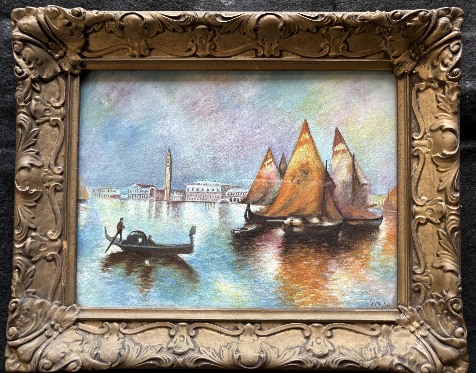 Vintage Oil On Paper, The Grand Canal, Venice Scene Artist Signed A. Owen