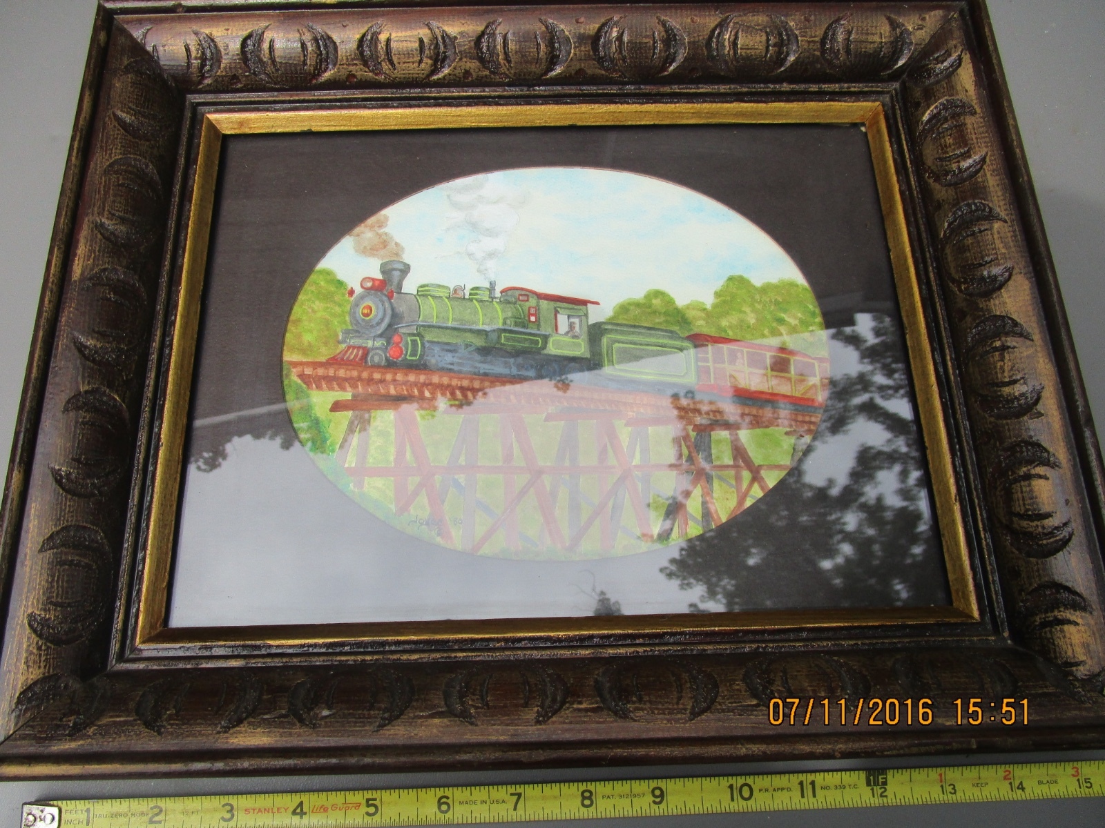 original water color painting Train on Railroad Bridge signed & framed