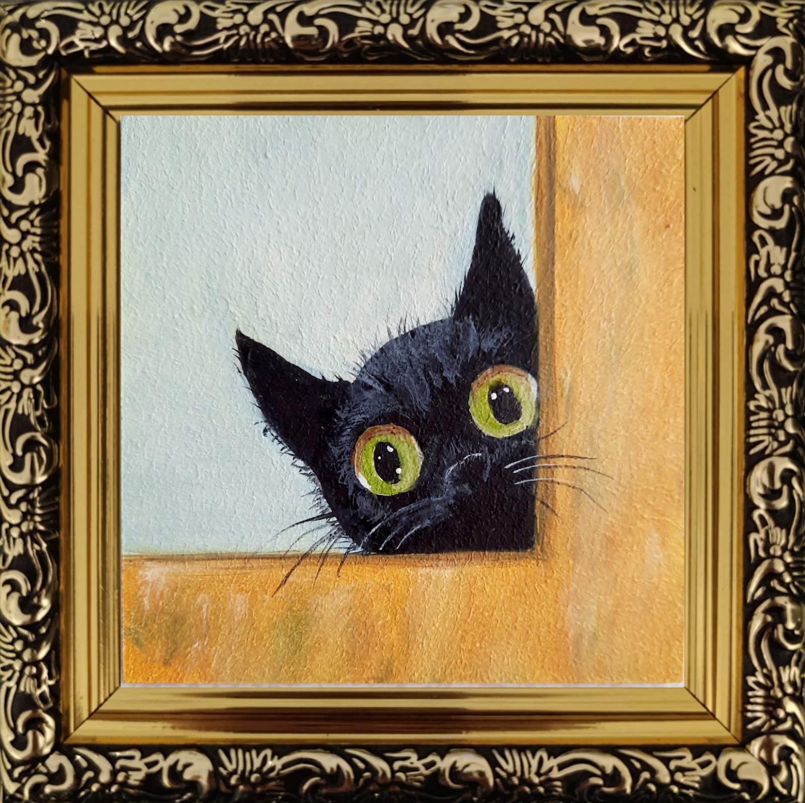 ORIGINAL Oil Painting Black Cat Handmade Miniature Contemporary Wall Art Animals