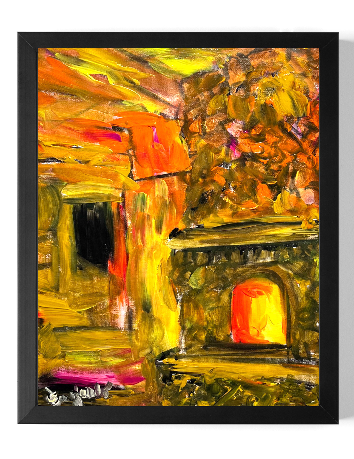 Guajardo Art: Fireplace 14X11 Original Canvas Whimsical Expressionism