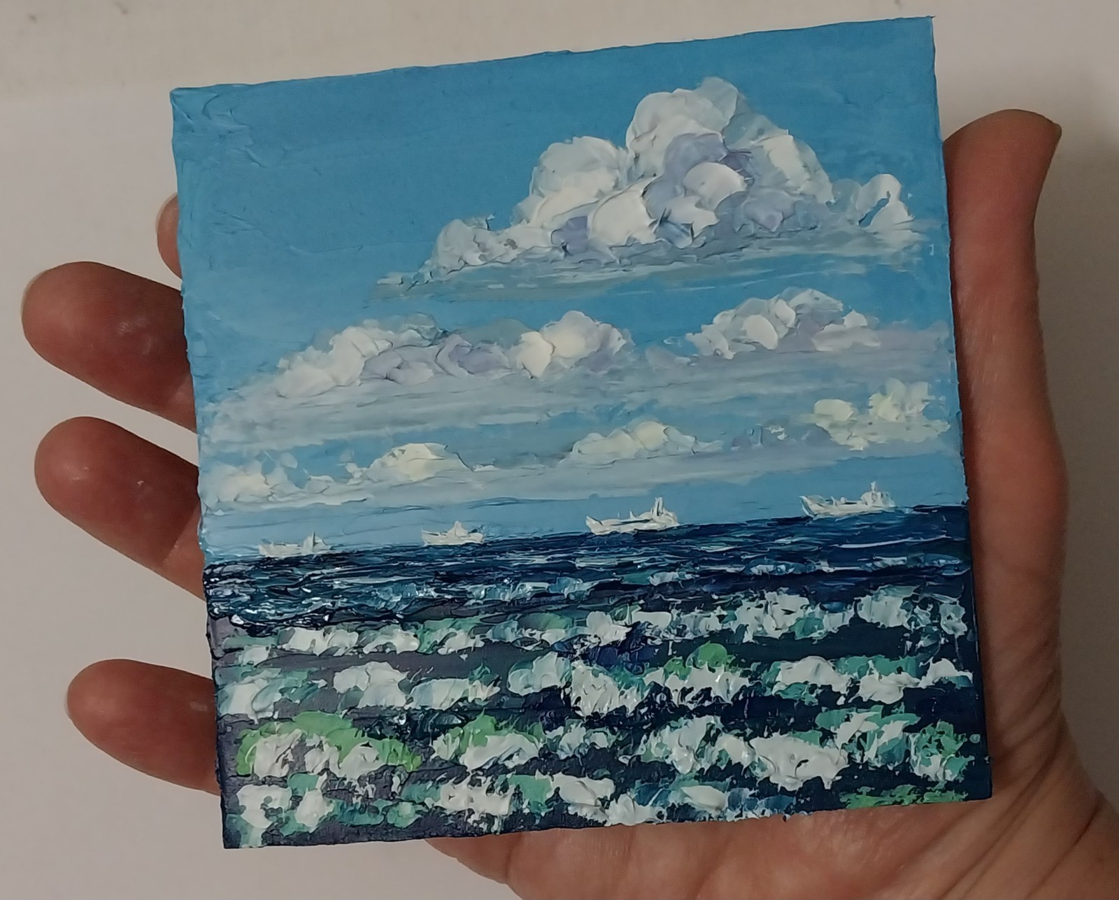 Framed Small Seascape Cloudy Sky Sea Waves Art 4×4 Impasto Oil Painting Original