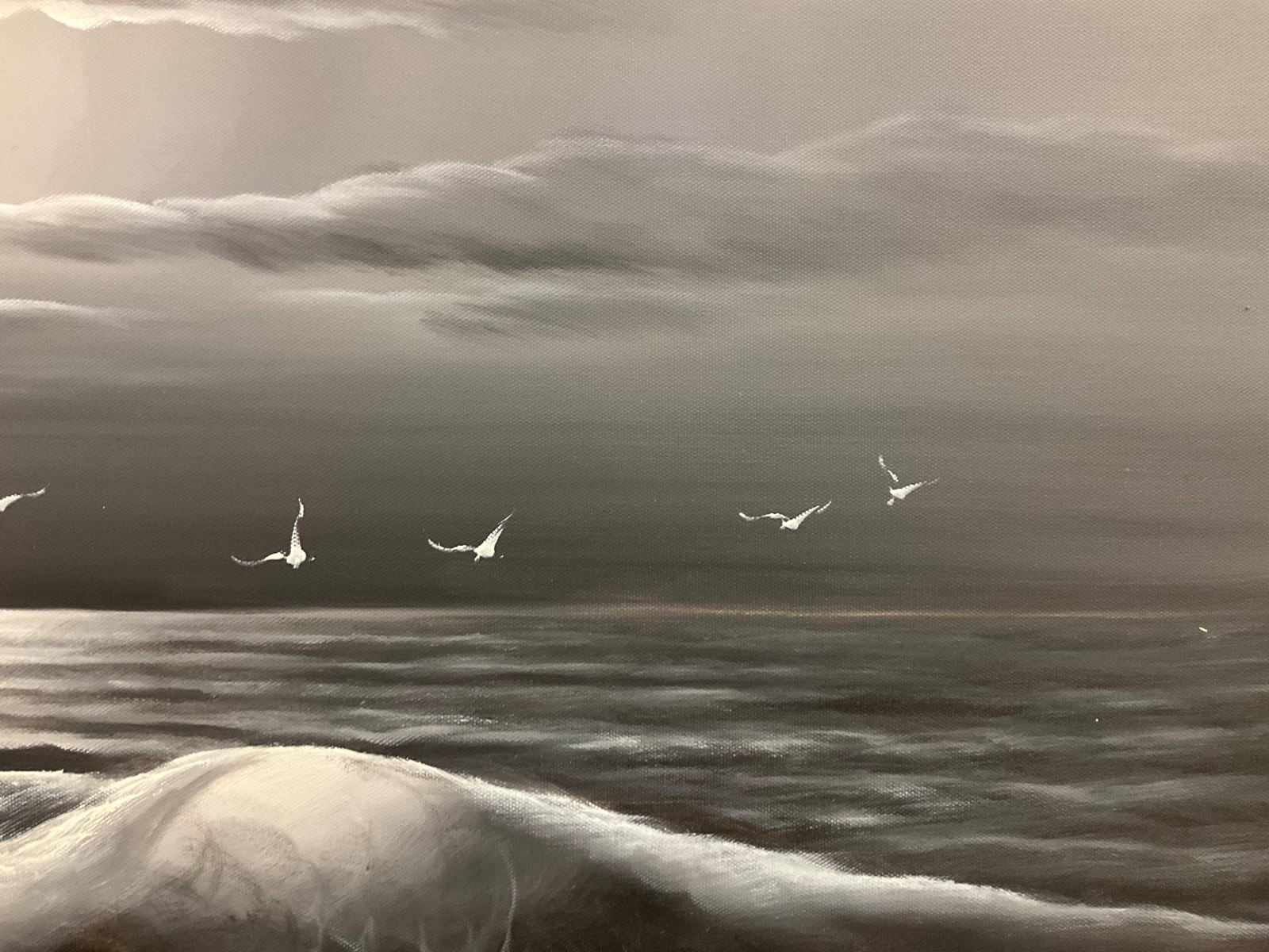 Original Oil Painting calming black and white seascape, bright white moon 24×36