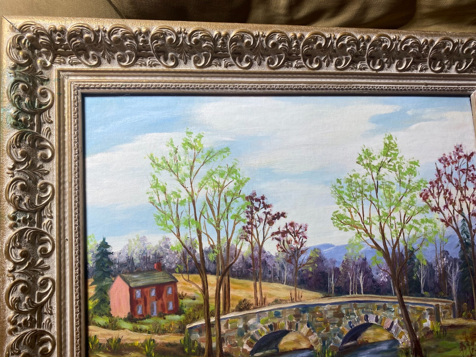 E.W Bailey «Stone Bridge And River Landscape Scene » Oil Painting -Signed/Framed