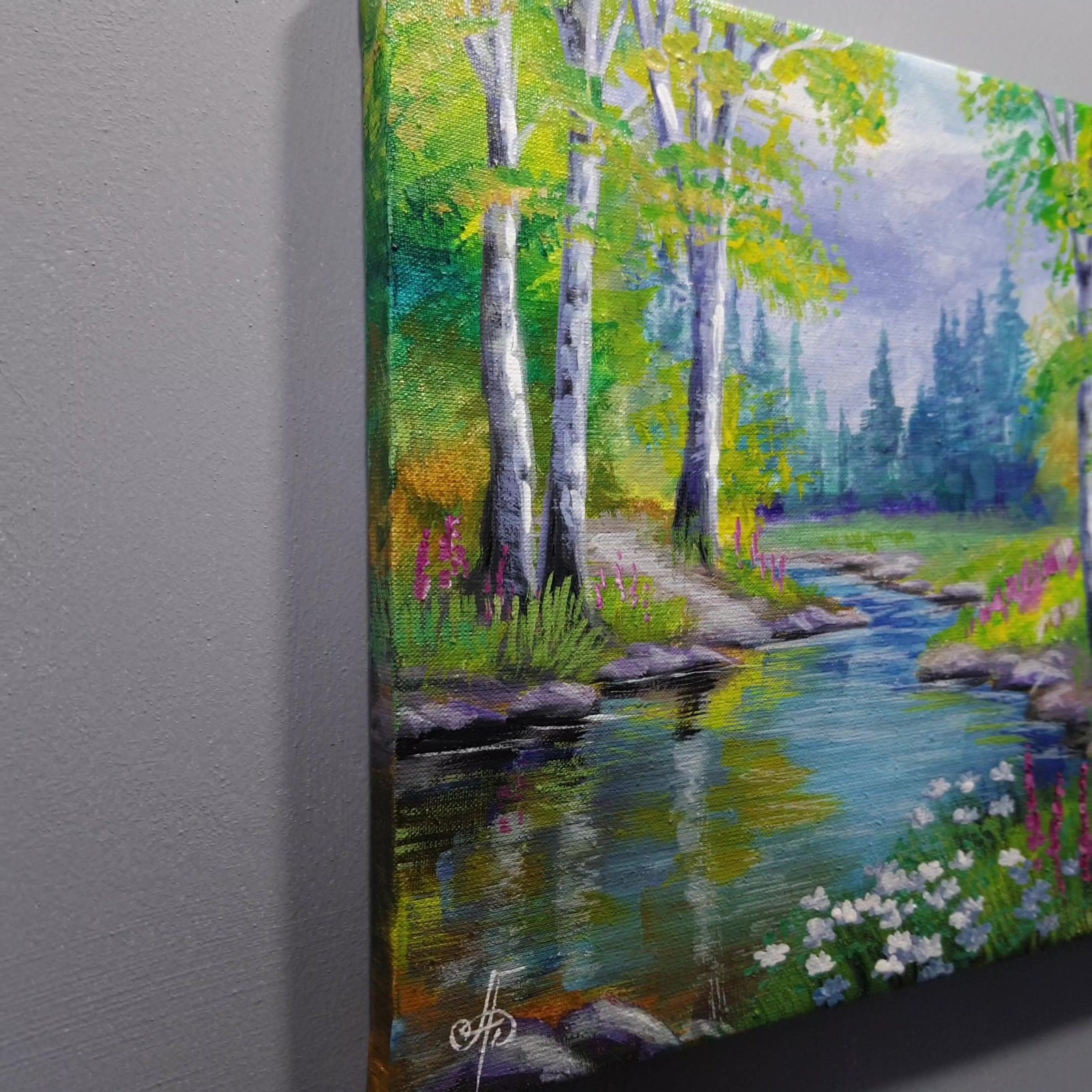 Summer Peace Landscape Acrylic Painting River Forest Nature Canvas Artwork 8×8