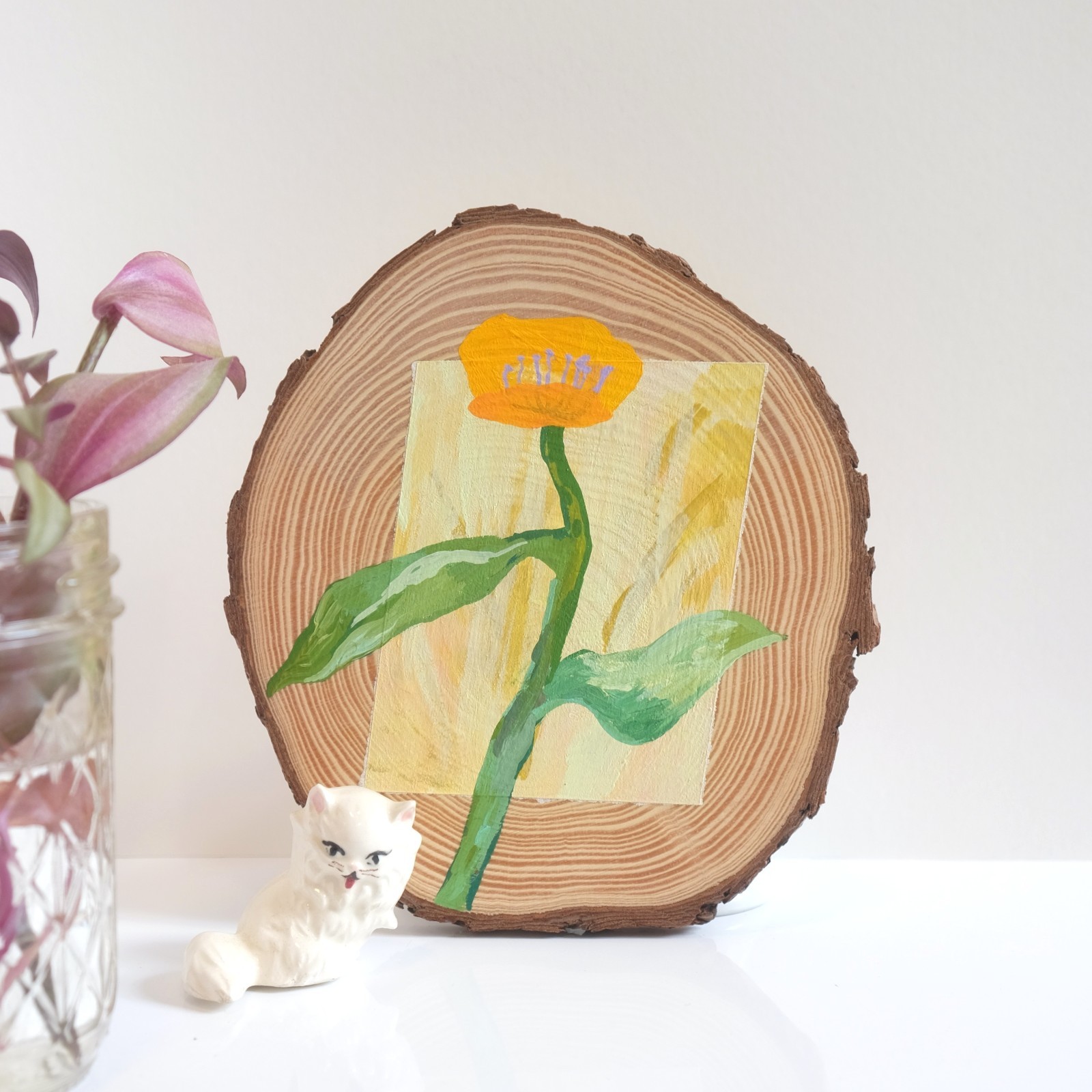 OOAK Original Acrylic Painting Wood Slice Solid Panel Orange Poppy Flower