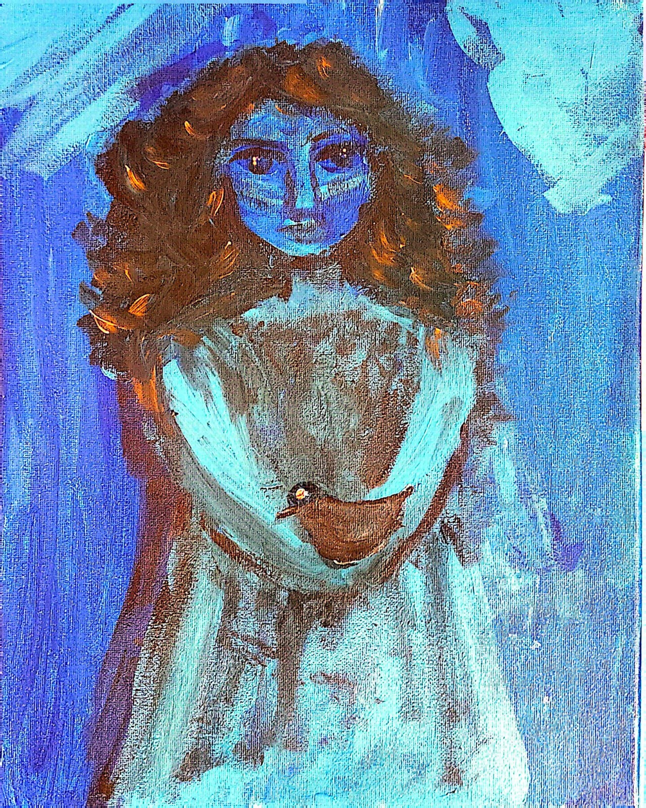 Girl Holding Bird 11×14 Original Acrylic On Canvas Painting Signed By Artist