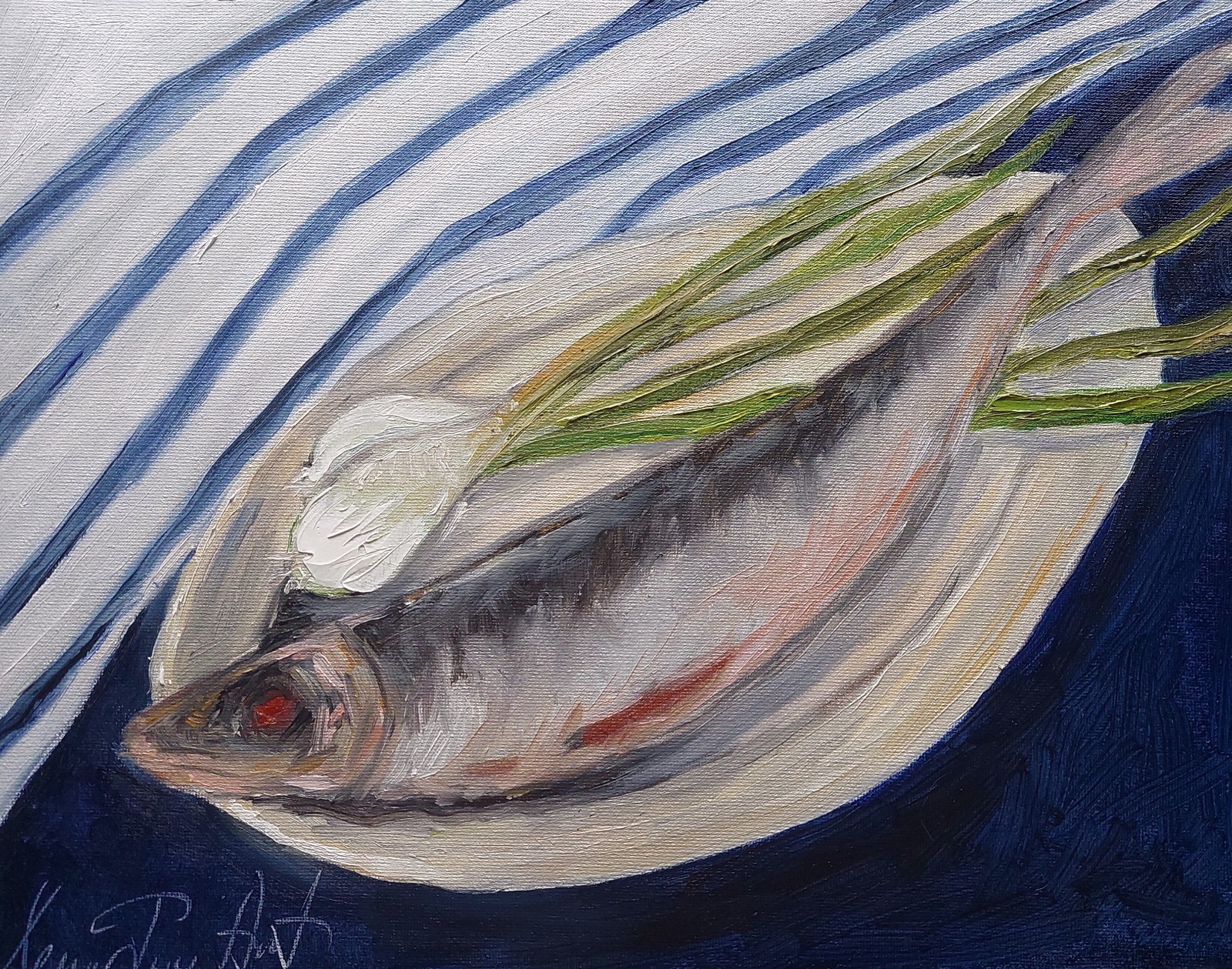Oil original painting Still Life of Herring on canvas size 14×11 inches