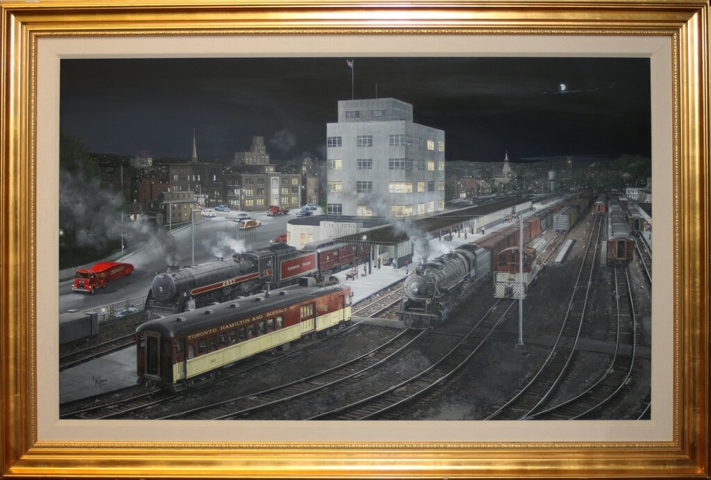 LARRY FISHER-NV Realist-Original Signed Acrylic-Ontario Train Station at Night