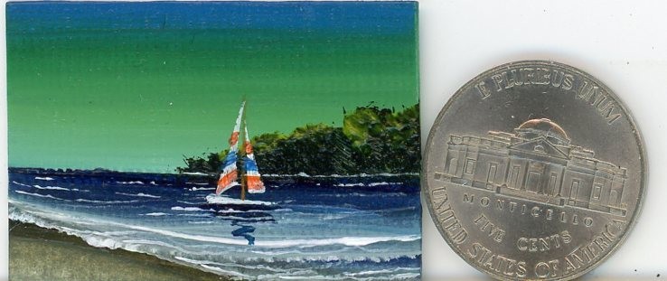 ORIGINAL 1×1.5 Acrylic Dollhouse Painting Collectible Shore Ocean Boat HYMES