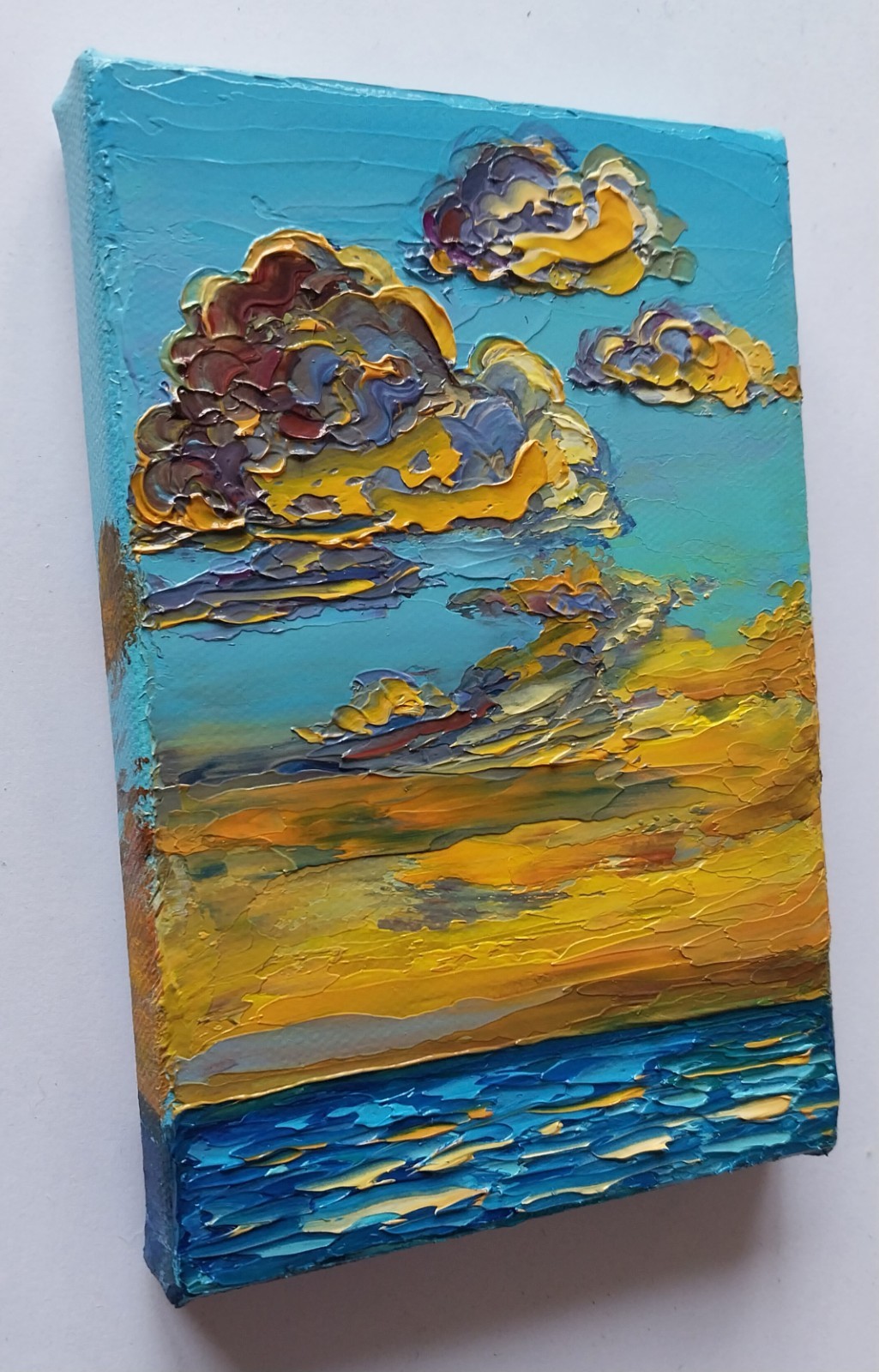 Mini Canvas Seascape Sunset Golden Clouds Over Sea 4×6″ Original Oil Painting