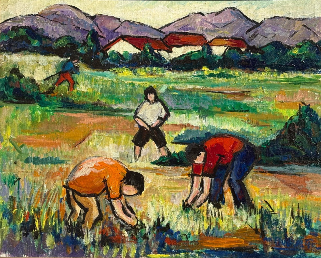 Workers in a Field 15 1/2 x 19 1/2 Fauvist Oil Painting-1950s-Maxim Bugzester