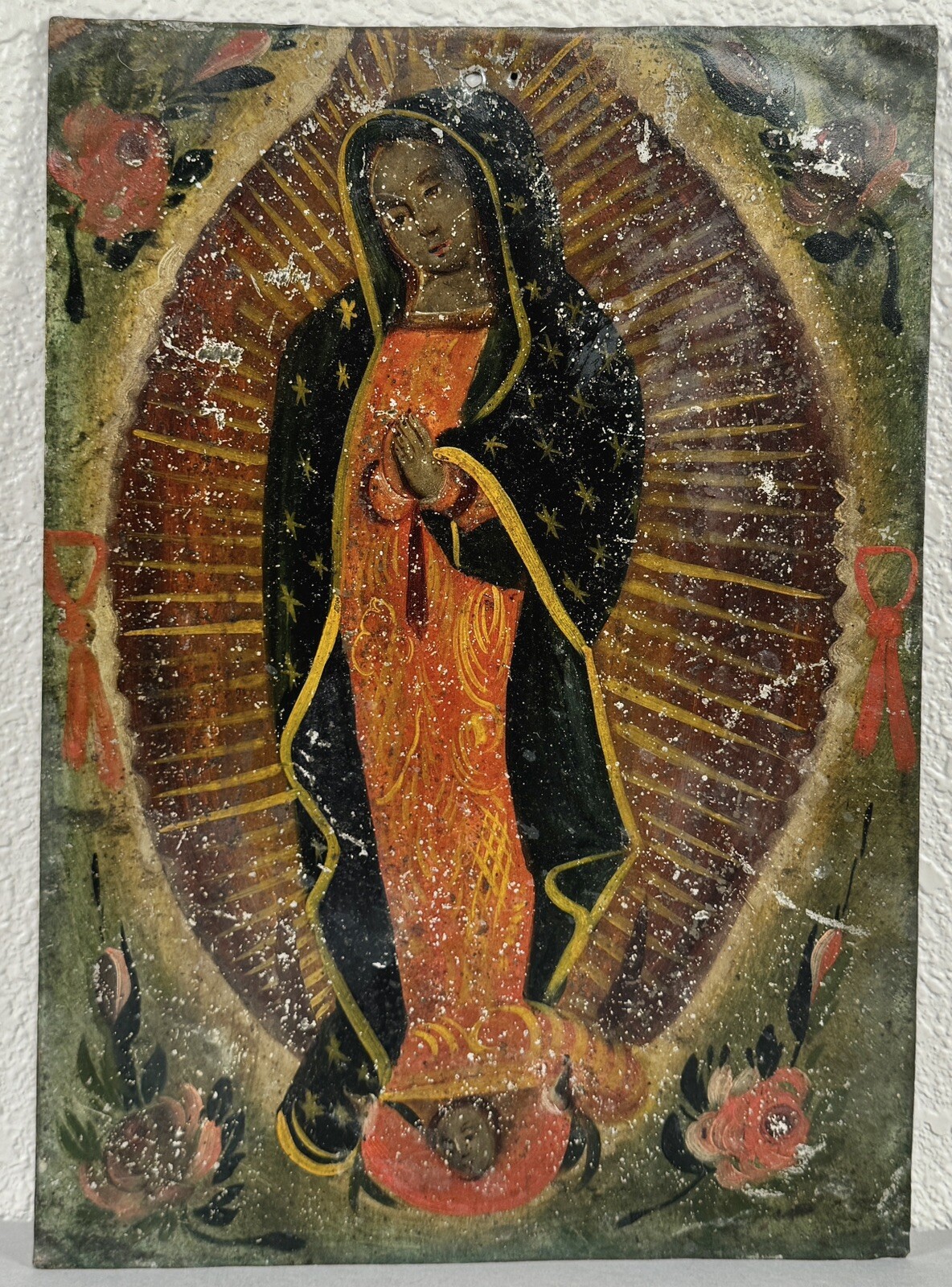Antique Oil Painting Virgin Mary de Guadalupe Retablo 19th C Colonial Mexican #2