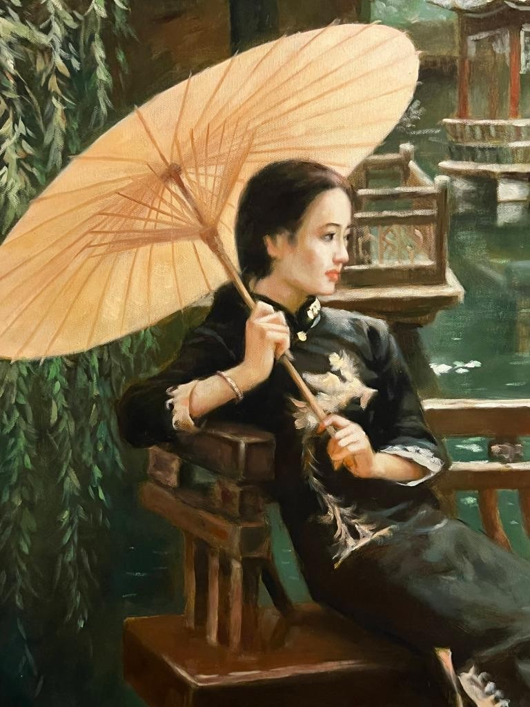 Oil Painting Portrait Chinese Woman Lady & Parasol Asian Art after Chen Yanning