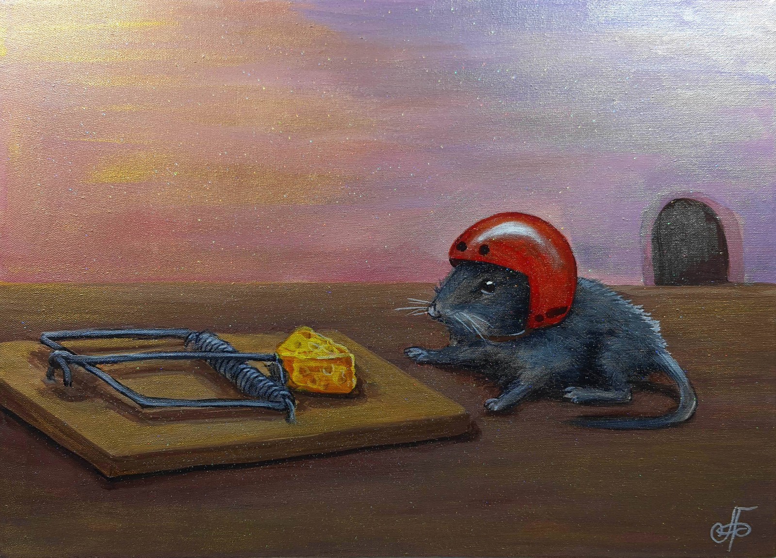 Original Acrylic Painting Thinking Mouse Red Helmet Cheese Trap Canvas Wall Art