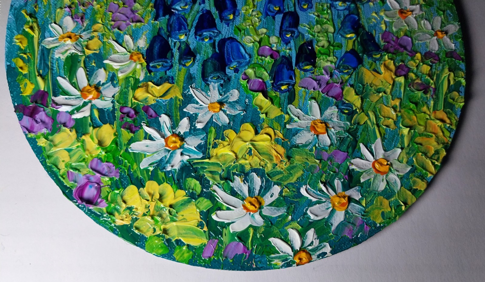 Meadow Flowers Daisies Bells Art Round Canvas 6×6” Impasto Oil Painting Original