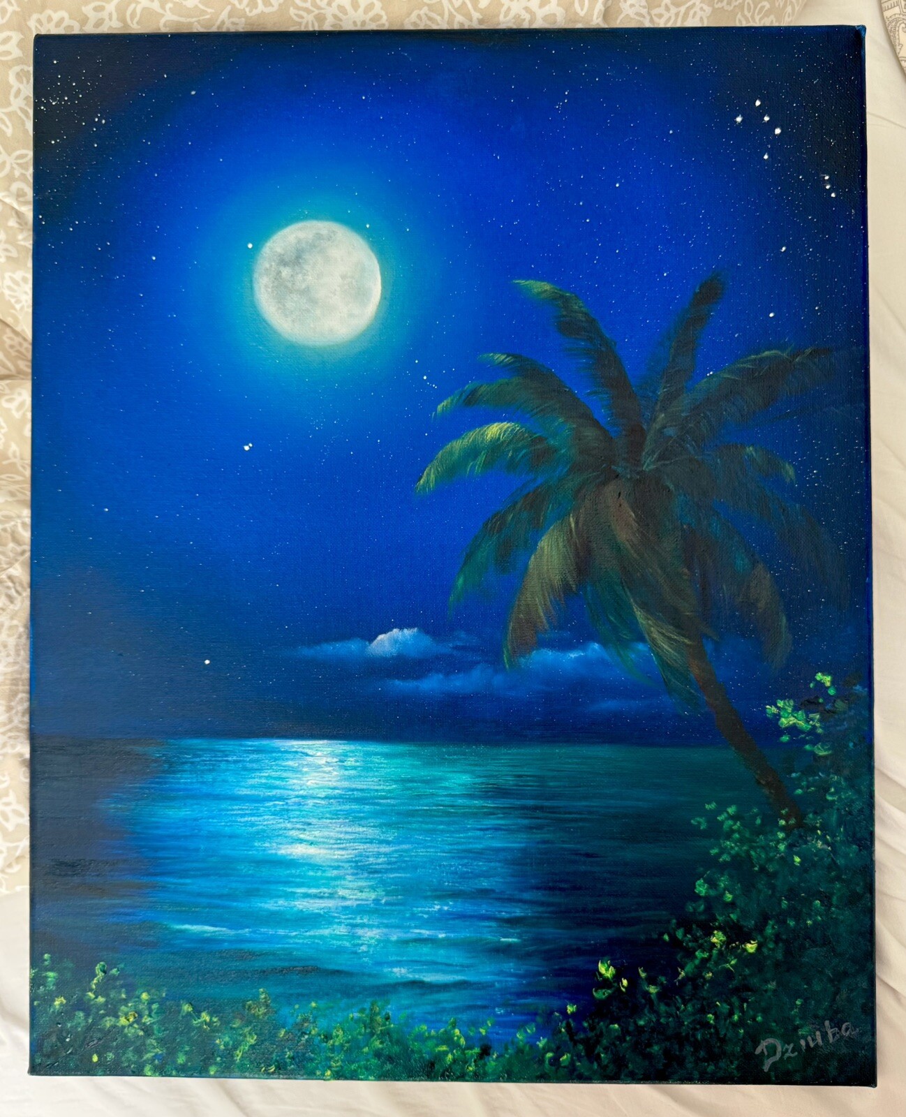 Palm Trees Beach At Night Original Oil Painting On Canvas By Artist SvitsArt