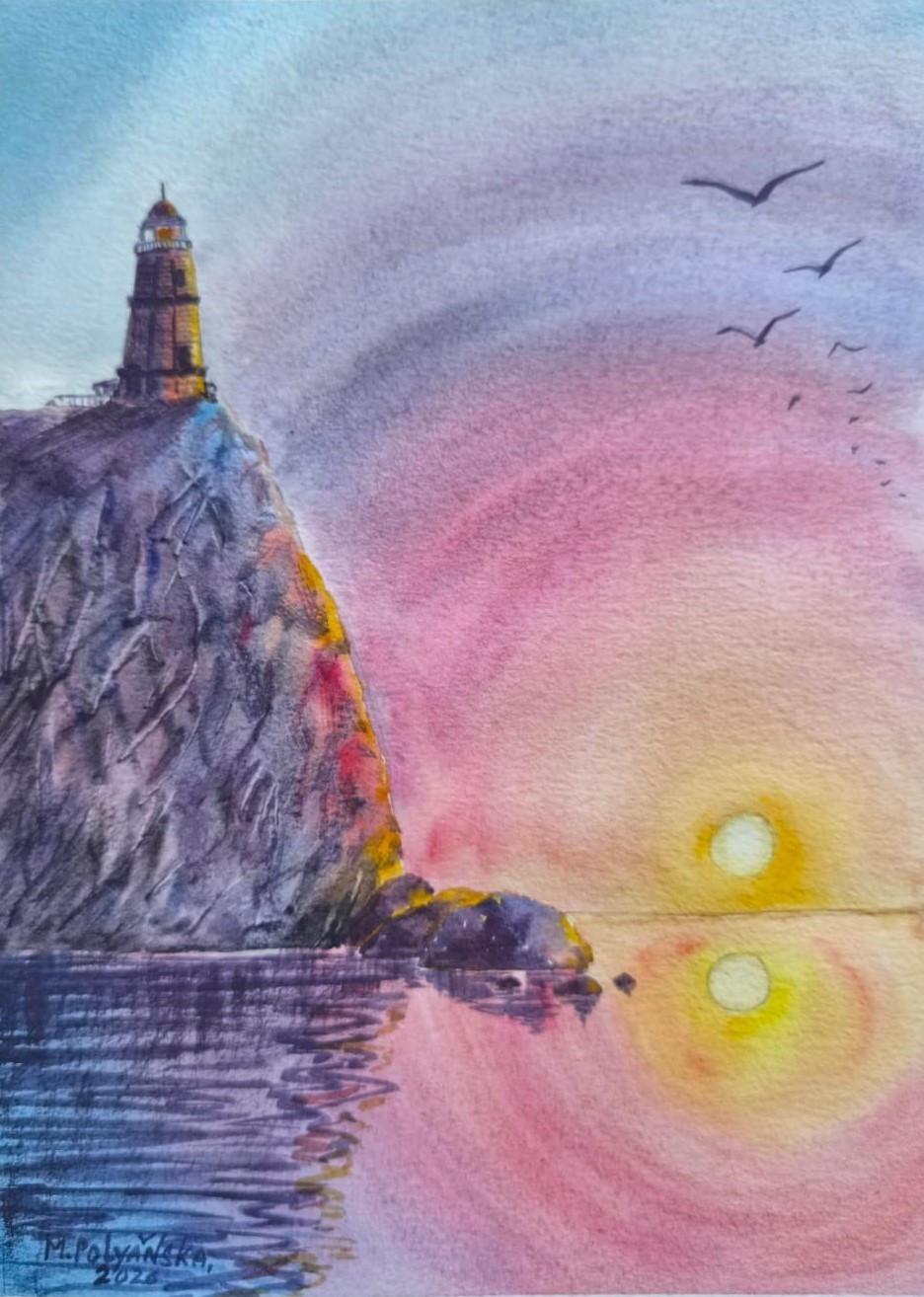 BIRDS LIGHTHOUSE Original Modern Artworks Painting Seascape SUN SKY Arts Gift A4