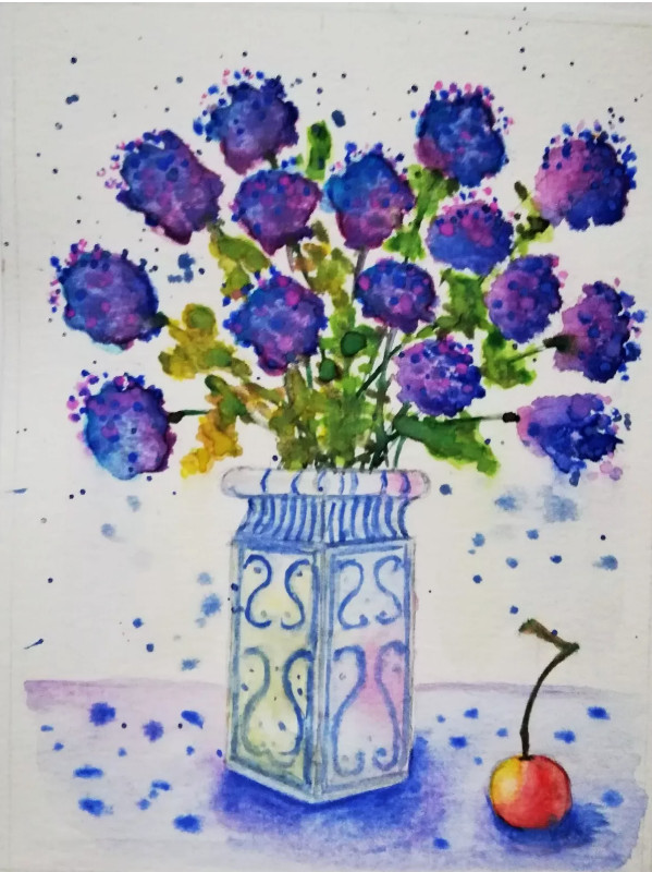 Purple Flowers in a Vase, Still Life Bouquet Original Miniature Watercolour, 20x15cm