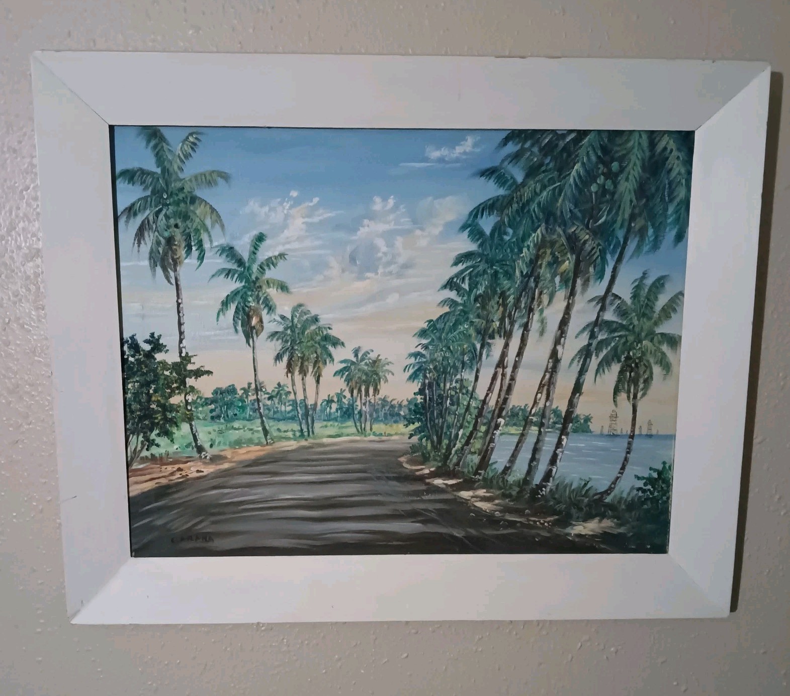 Tropical Landscape Roadside Palm Trees Oil On Canvas Painting Signed C. Arana