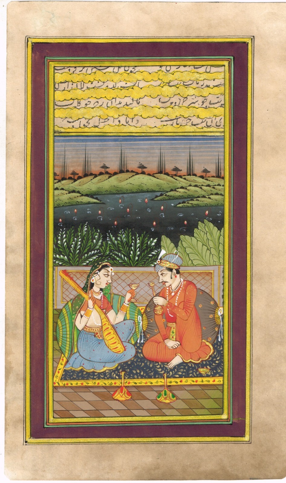 Mughal Miniature Old Painting Of Emperor & Empress romantic scene 4.75×8 Inches