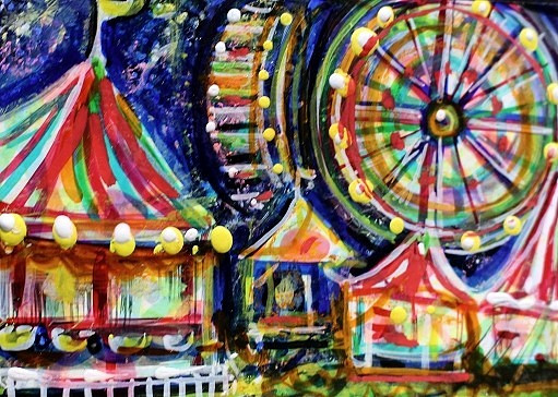 ORIGINAL ACEO Painting CARNIVAL Fair Amusement Park Fireworks Rides Fun ATC ART