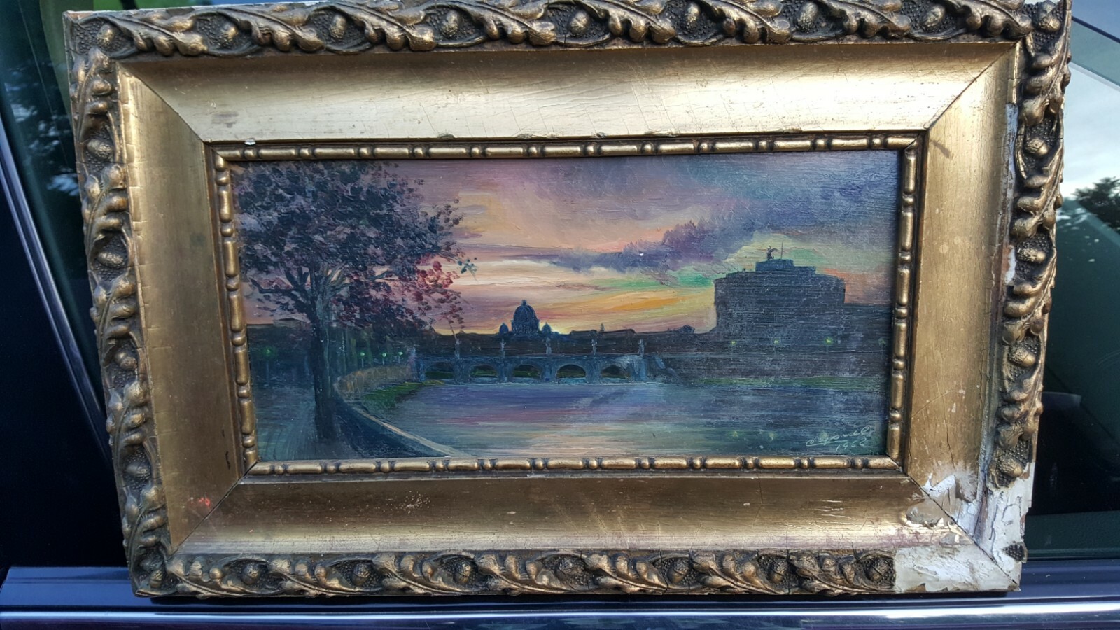 Painting Cathedral St Peter’s Basilica Tiber River Italy Signed? 1962