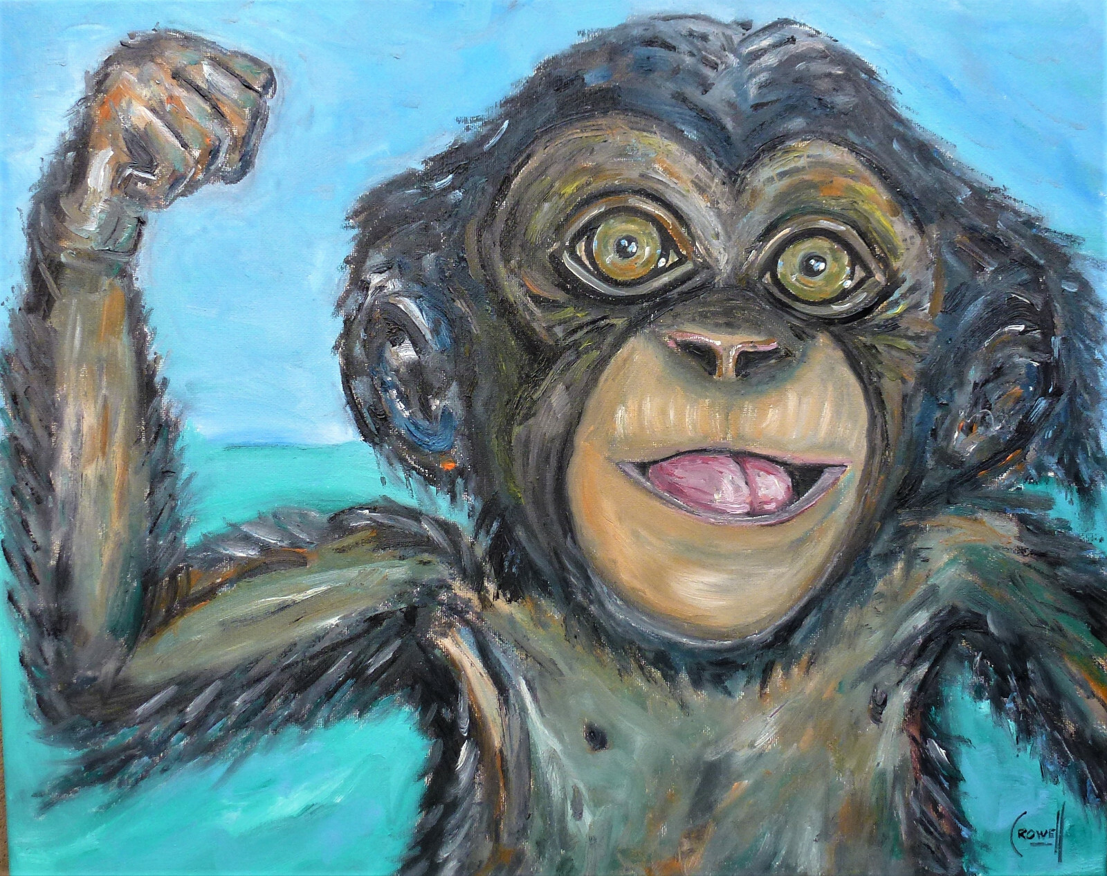 CHIMP CHAMP baby chimpanzee painting 16×20 canvas original art signed CROWELL