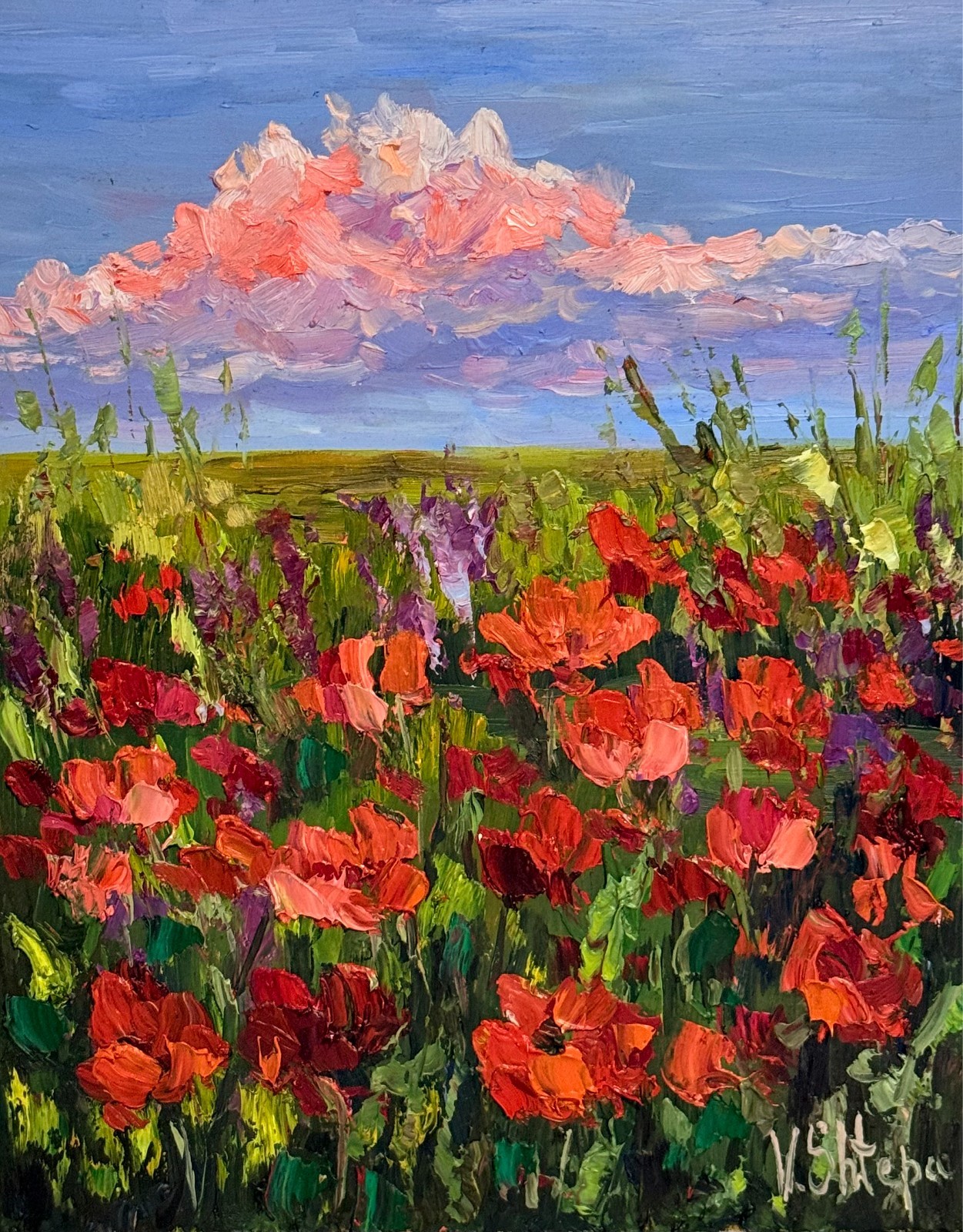 Original Red Poppy Field Oil Painting Landscape Wildflowers Impasto Art 8×10 in