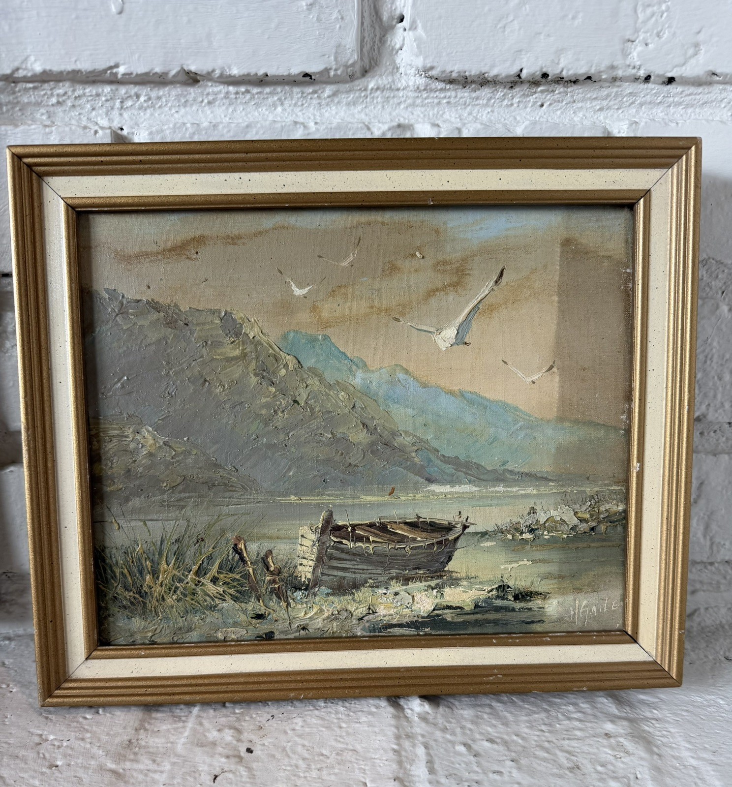 Original H Gailey Frame Oil Seascape Boat Sea Gulls Painting On Canvas Signed