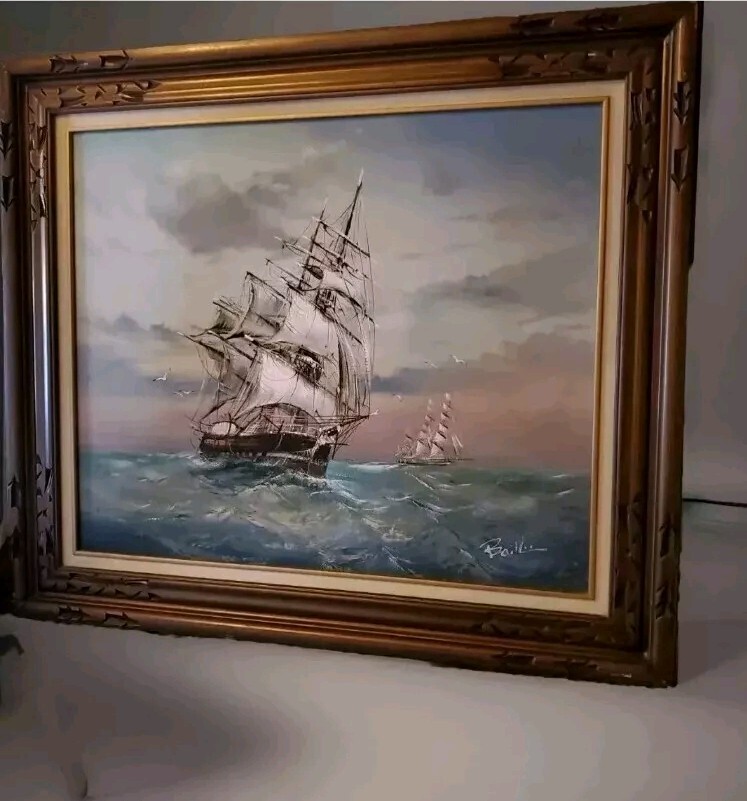 Vintage Signed Baille Seascape Oil Painting Tall Ship Nautical Framed