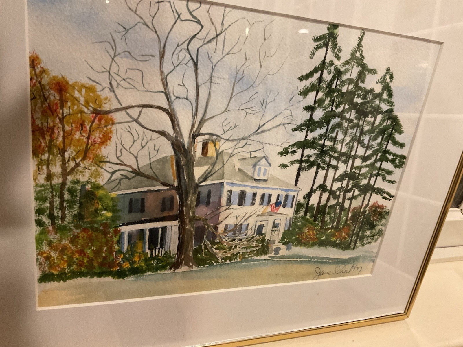 Jane Schultz Lovely Signed Framed Watercolor Painting – listed Ct. artist
