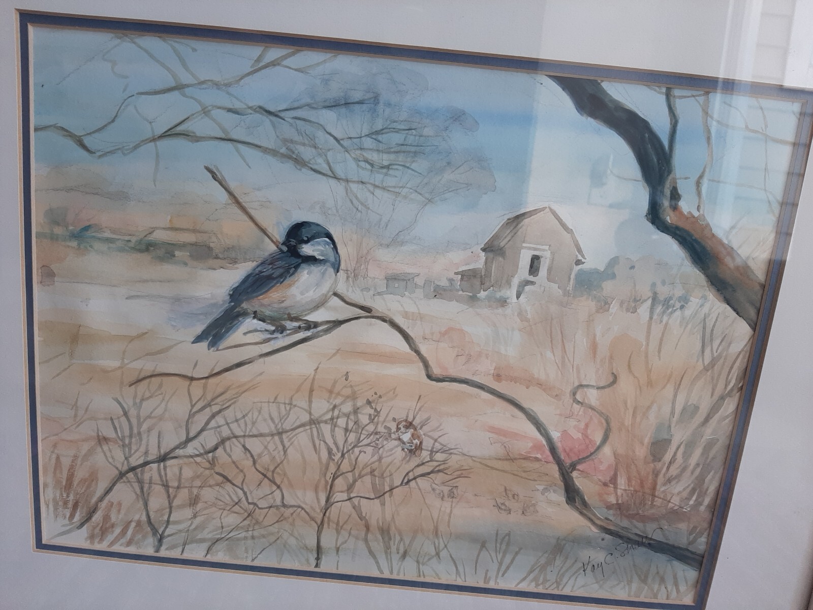 Orig Watercolor Landscape Chickadee at Fitts Hill KAY CHRISTIE SHAW, Scituate MA