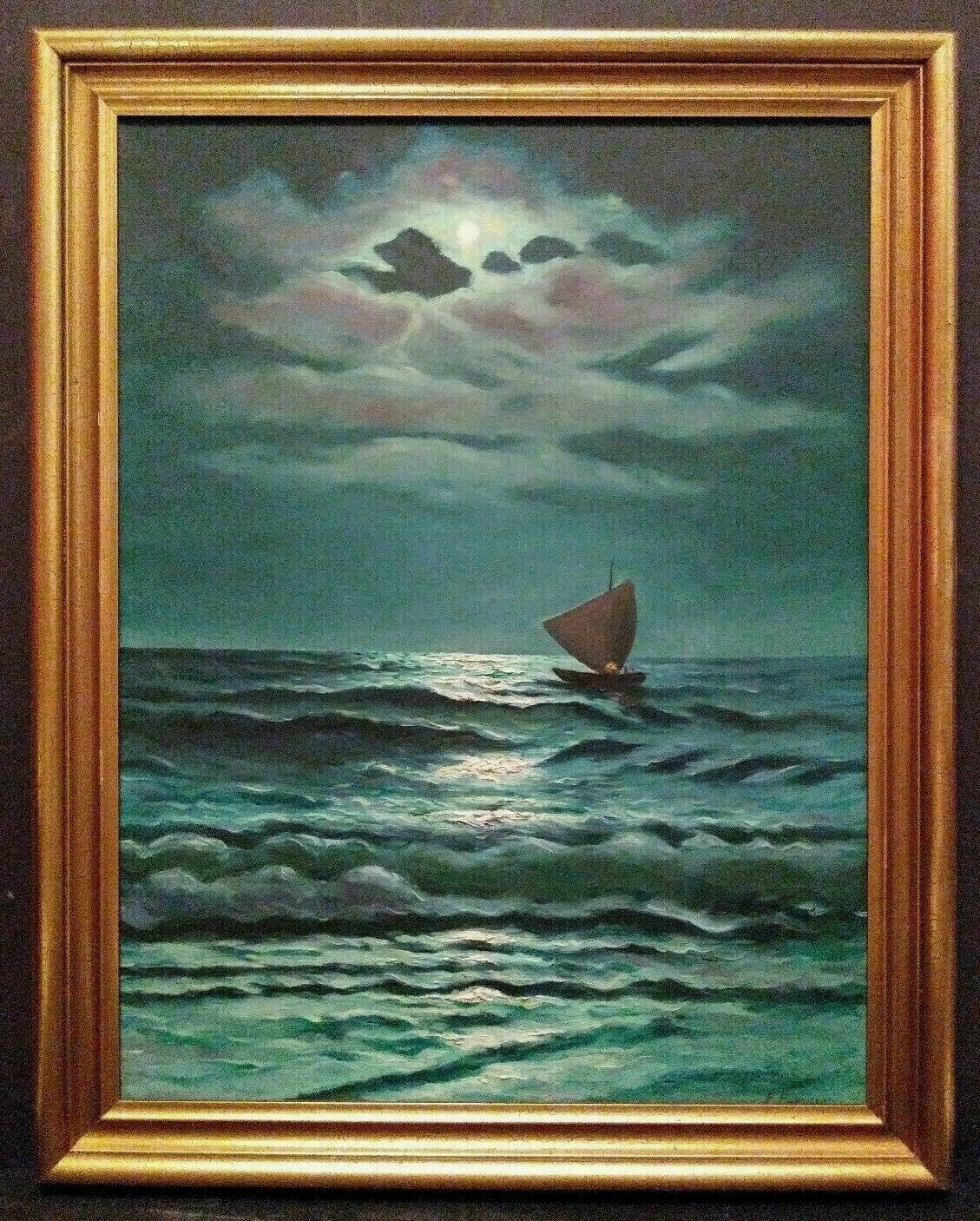 LISTED AMERICAN FRANK FERRUZZA Sd MOONLIT SAILBOAT ORIGINAL OIL on CANVAS FRAMED