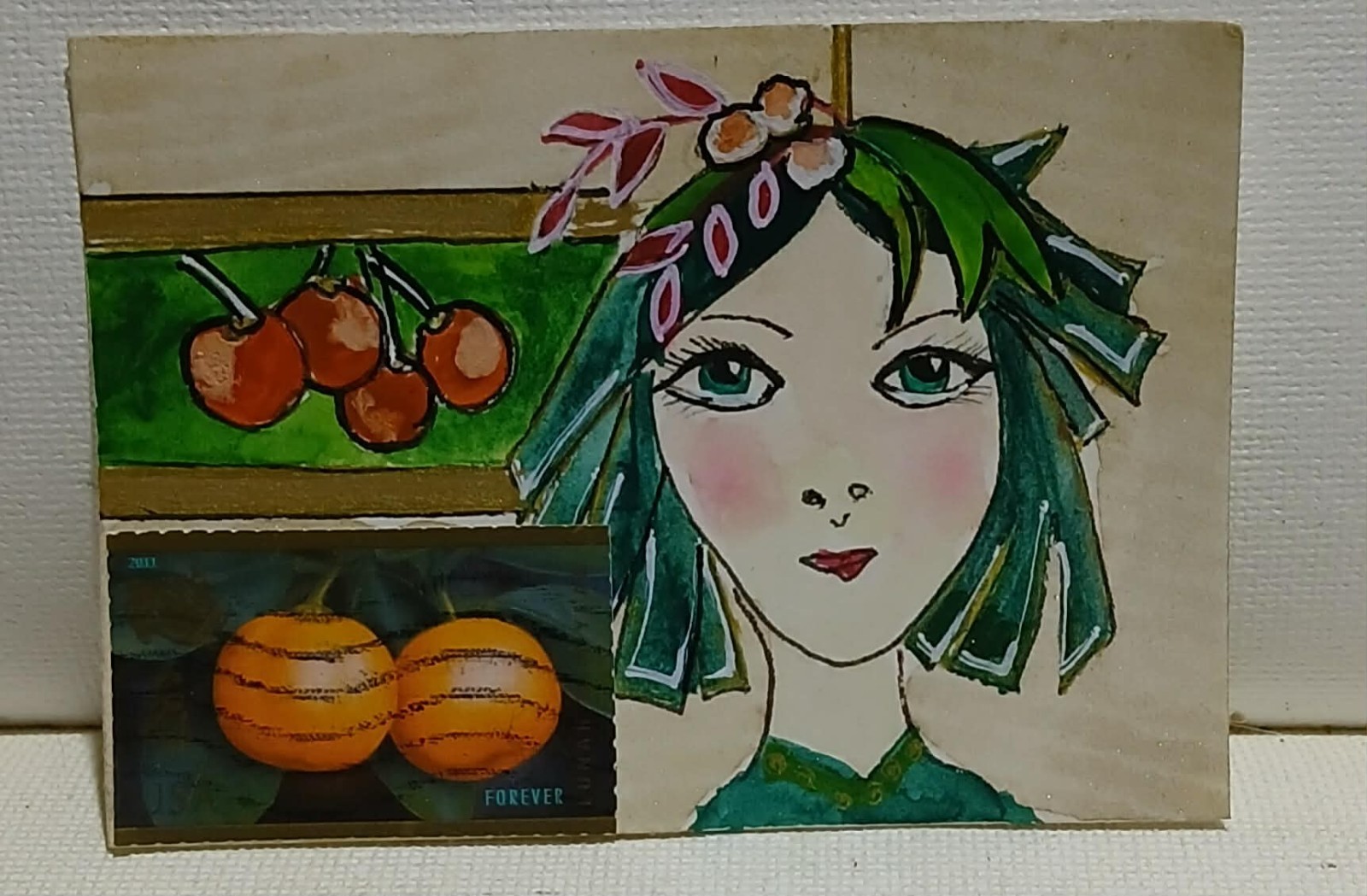 Postal Whimsy OOAK ACEO Lunar Rabbit Geisha Art Tangerine Gold Rabbit Miniature