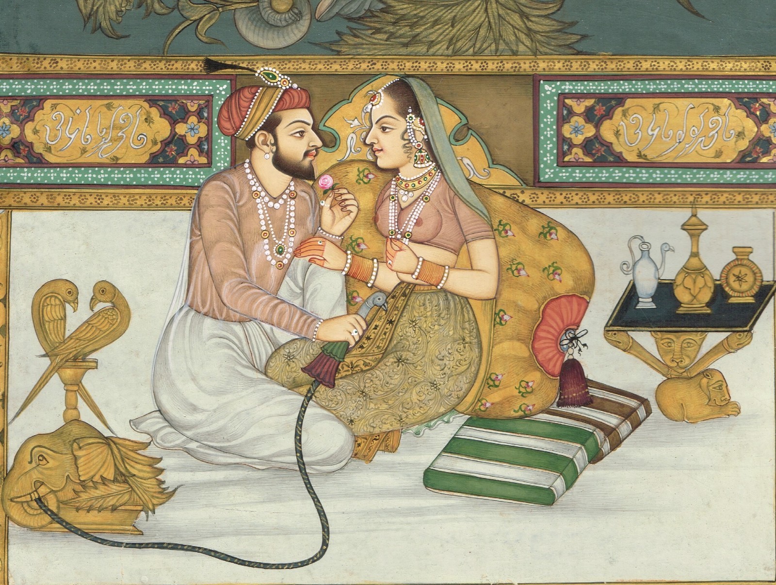Indian Miniature Painting Of Mughal Emperor And Empress Love Scene 9×13.5 Inches