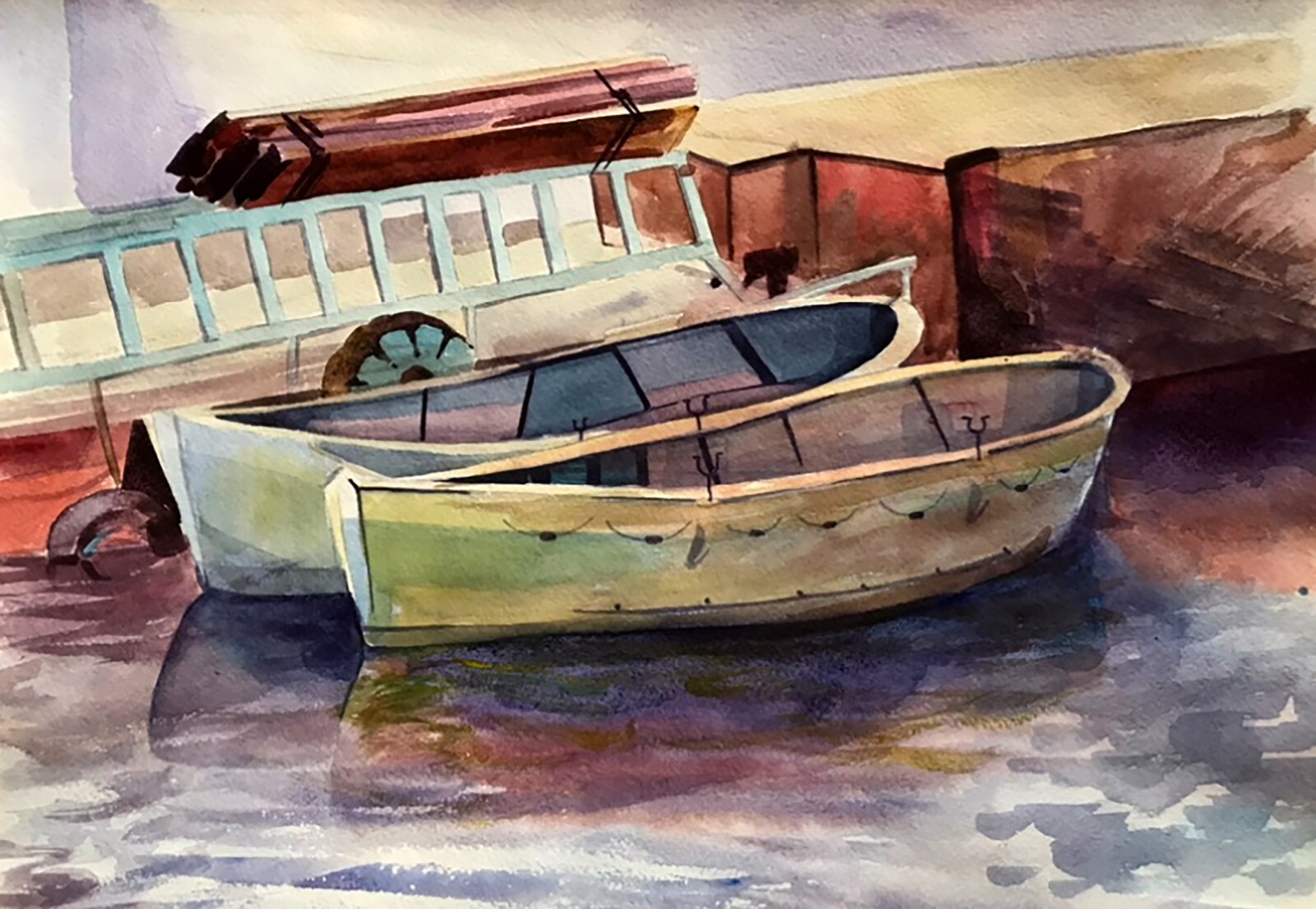 Watercolor Painting Boat Dock Dziuba K. Unframed Original Home Decor nAAA2296