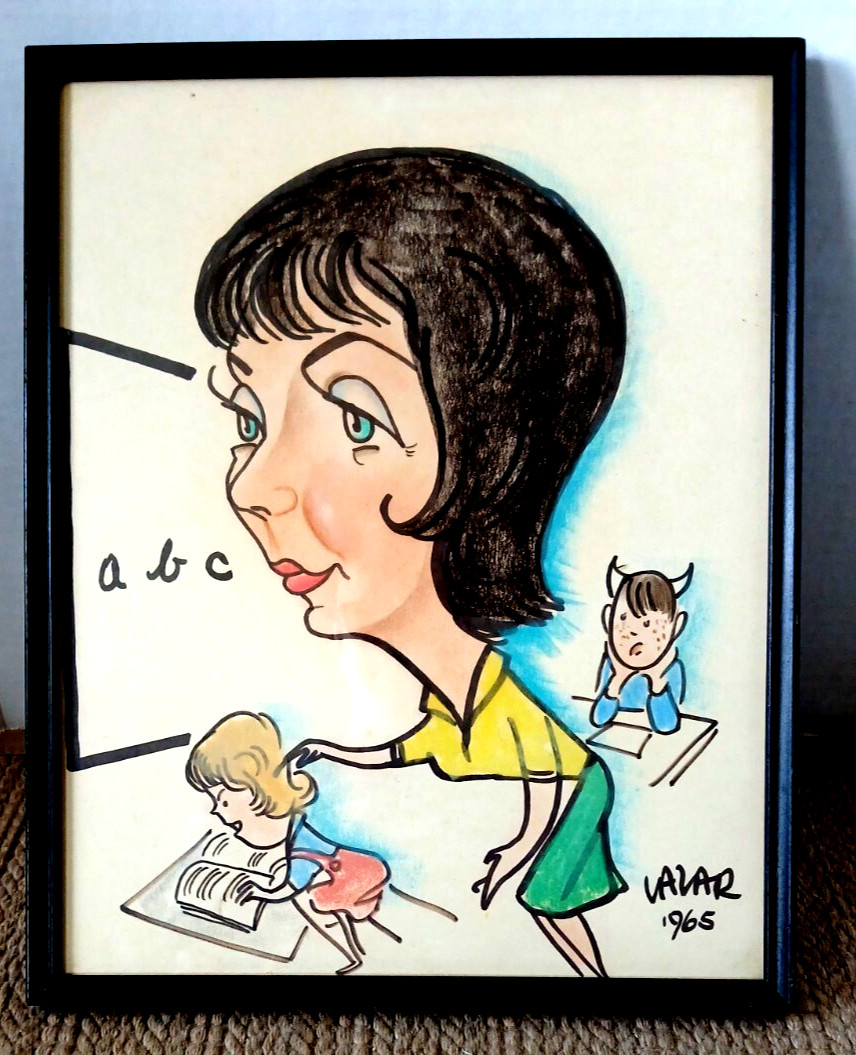 Signed Lazar Krstich Caricature 1965 Pop Art Watercolor Teacher With Students