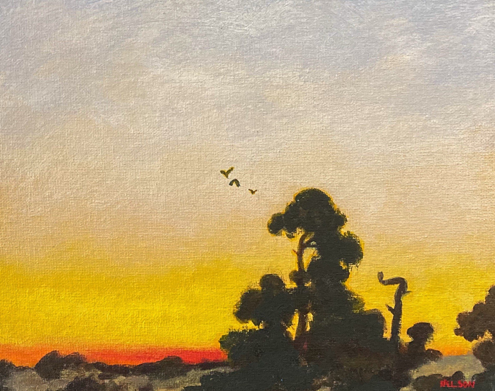 Sunset Pine Trees Crows Landscape Art Oil Painting Realism Impressionism Sky