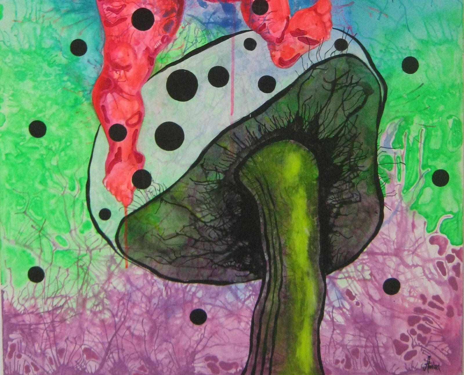 psychedelic pop painting original art manga cartoon humor angel devil mushroom
