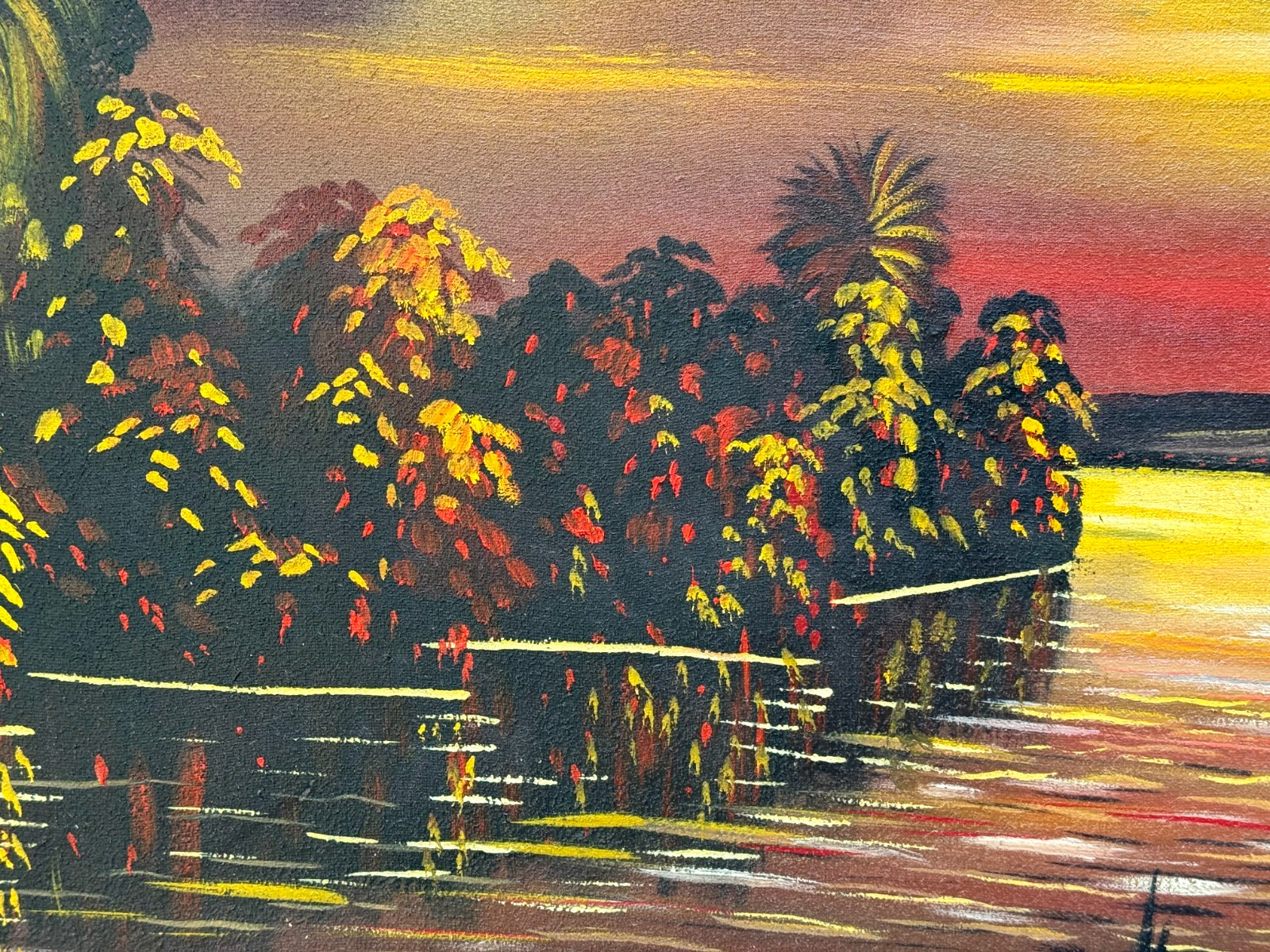 DINGA SAMUEL AFRICAN LANDSCAPE OIL PAINTING MAN CROSSING RIVER AFRICA CONGO MCM