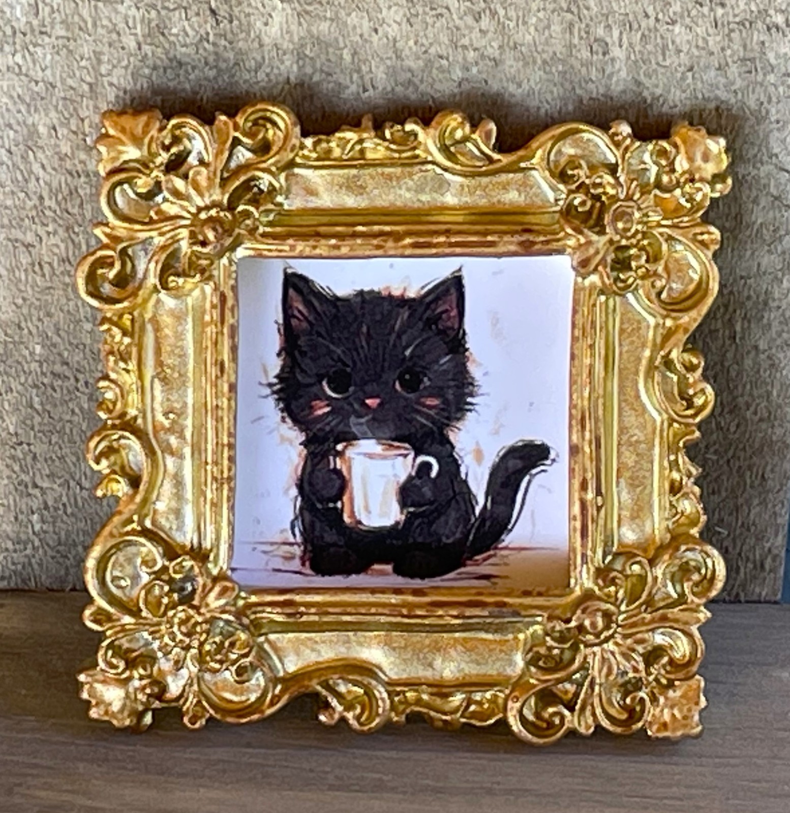 Cats Miniature Prints Vintage Style Gold Color Frame Mini Tiny Small Framed Art