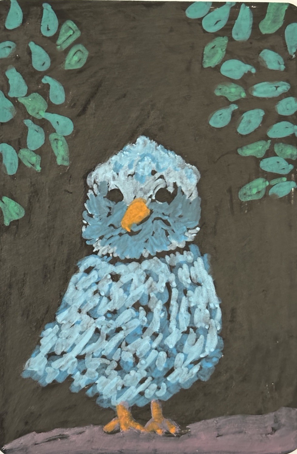 Original ACEO Blue Owl Bird Folk Art Miniature Painting OOAK Artist Trading Card