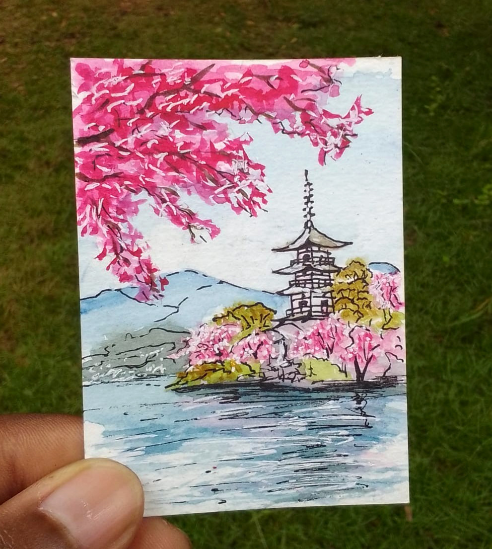 ACEO Original Watercolor Painting Pagoda Cherry Blossom Japan Landscape Art OOAK