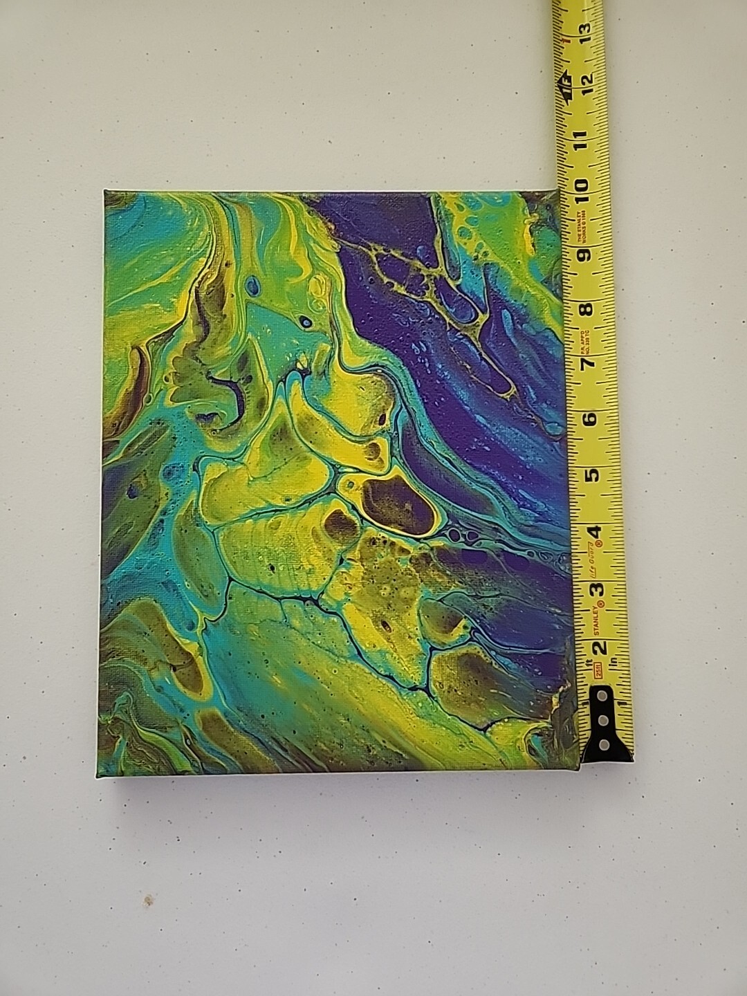 Abstract, Original, Acrylic paint pouring painting, Yellow, Blue, Green 8×10 in
