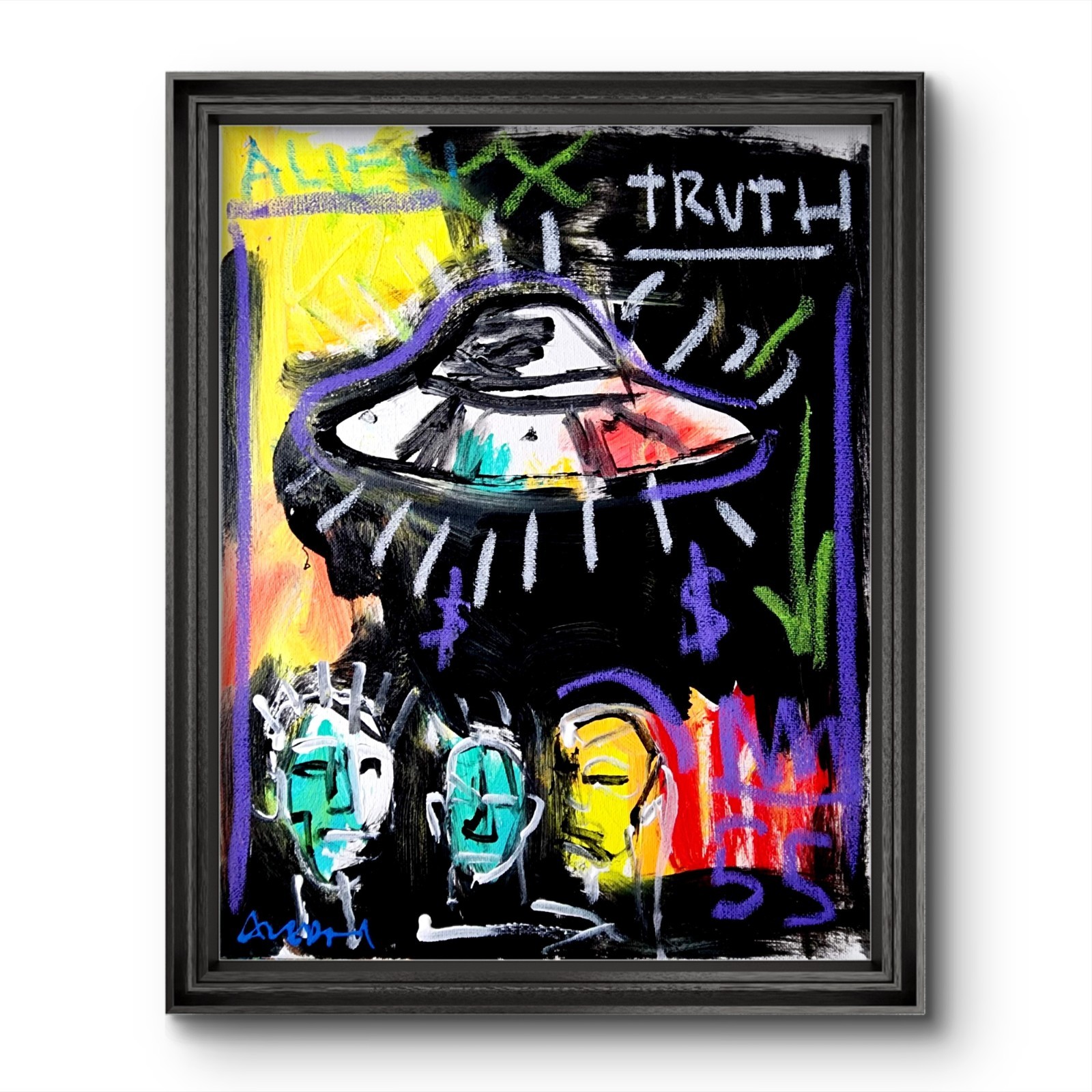 Aleph Original Art Ufo Alien 14×11 Neo Expressionist Basquiat Painting Canvas