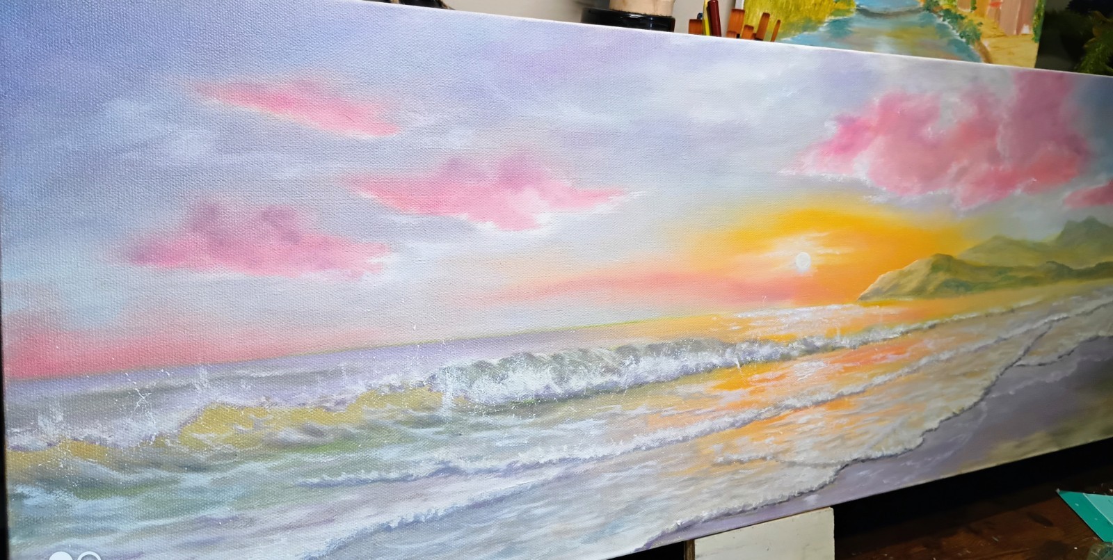 Art 12″/36″ Colorful sunset. Original oil painting. Beach waves