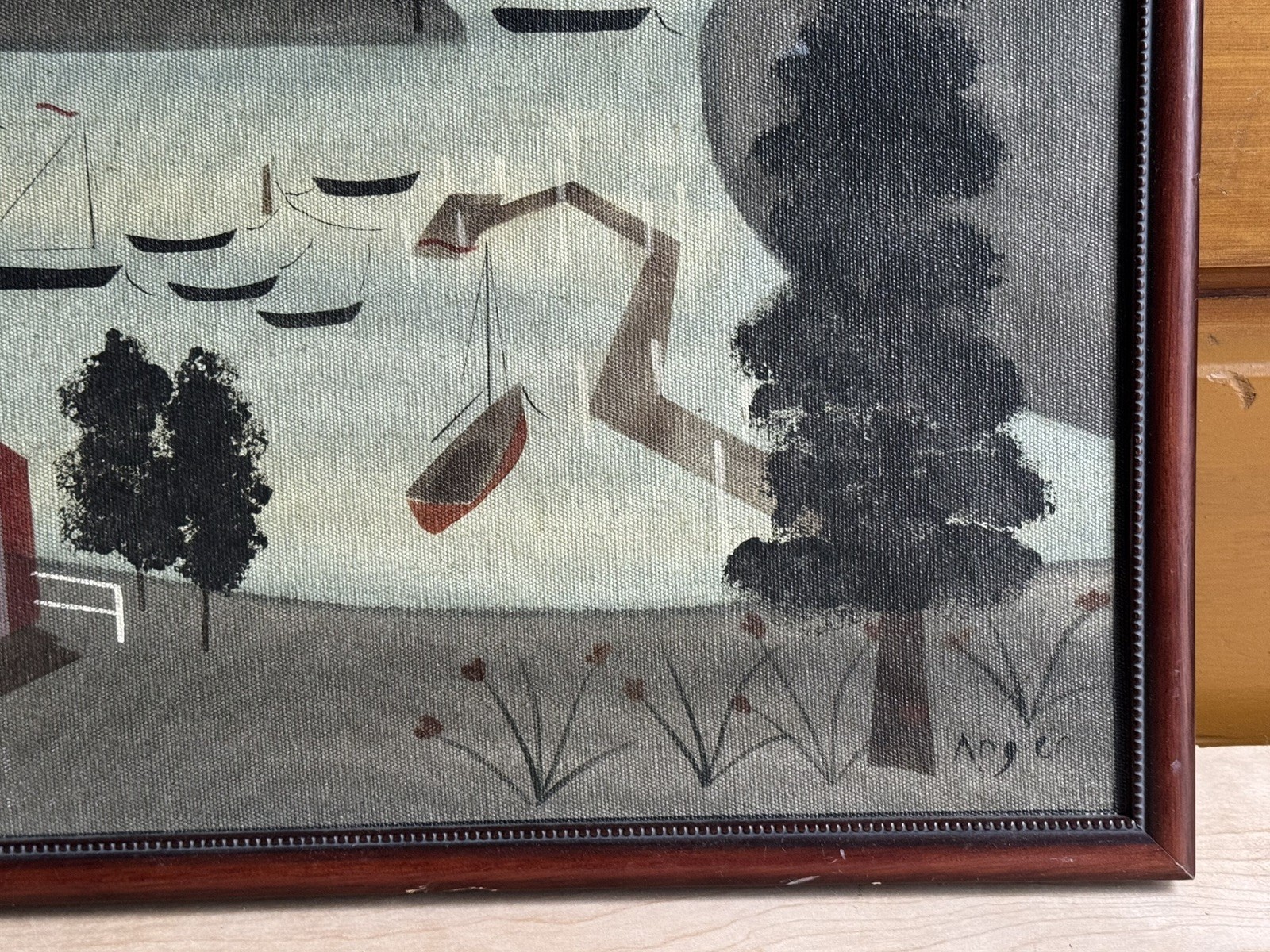Hope R. Angier ‘Harbor Scene’ Original Oil Coastal Painting Folk Art
