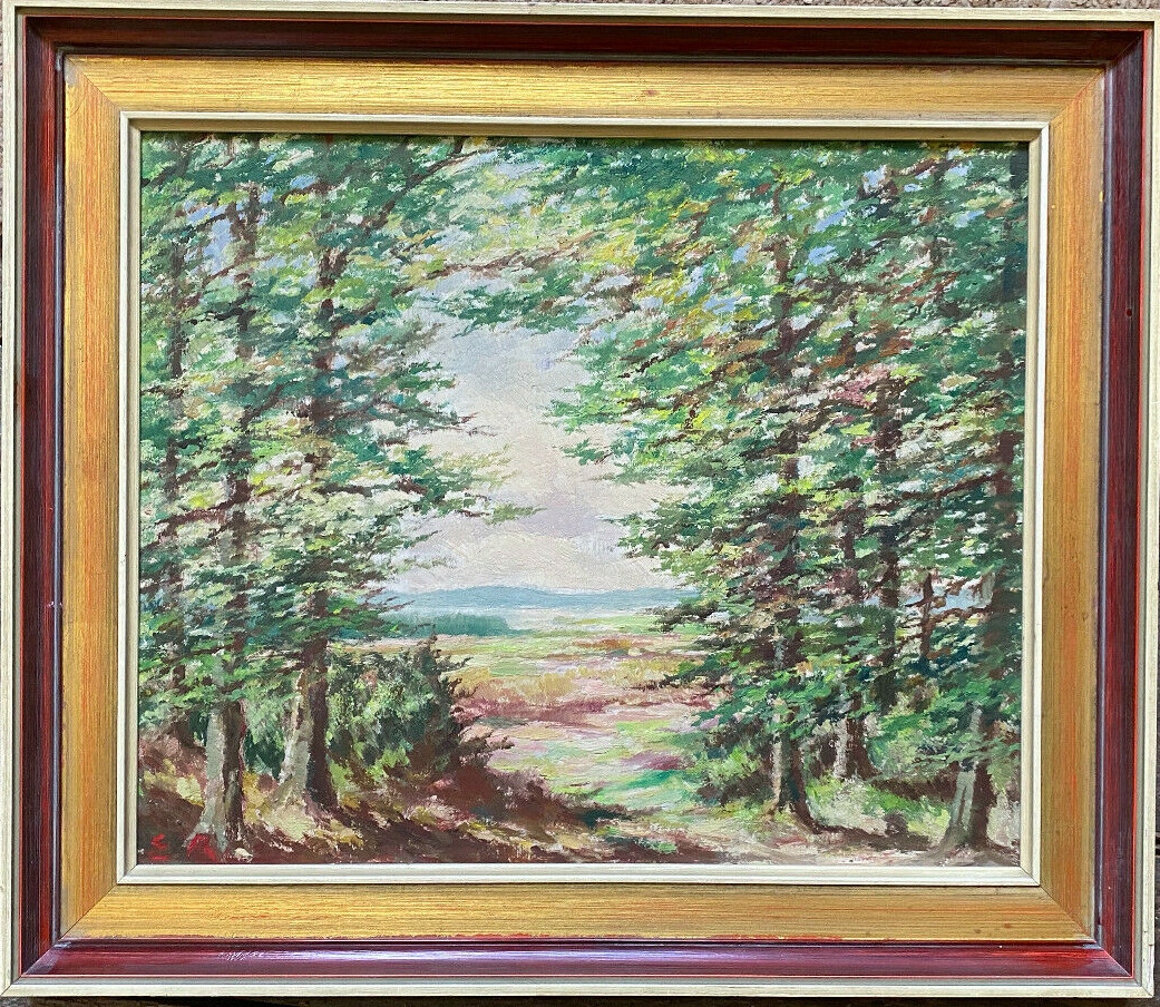 Oil Painting Monogr. E. R. Waldpanorama To Herbstanfang With Clearing And Bergen
