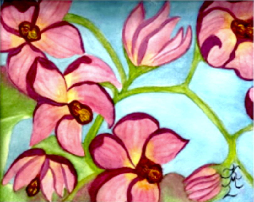 PAINTING WATERCOLOR ORIGINAL ART ORCHID FLOWER PINK BLUE GREEN 11×14 & MAT 16X20