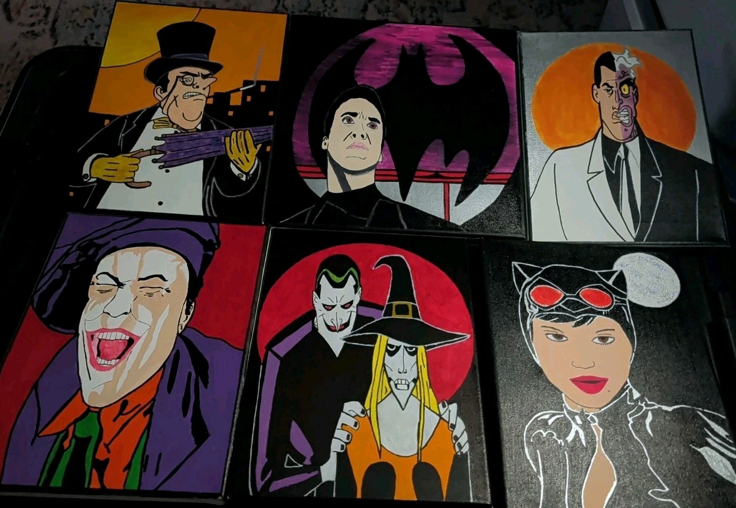Lot Of 6 – Custom 9″x12″ Canvas Batman Rogue Gallery Artwork – Penguin, Catwoman